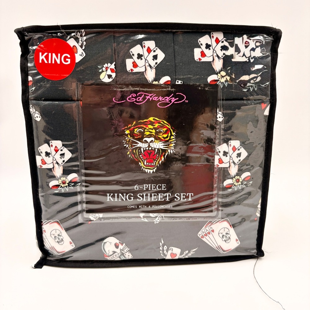 Ed Hardy King Sheet Set 6 Piece Black Tattoo Tiger Skull Playing Cards New